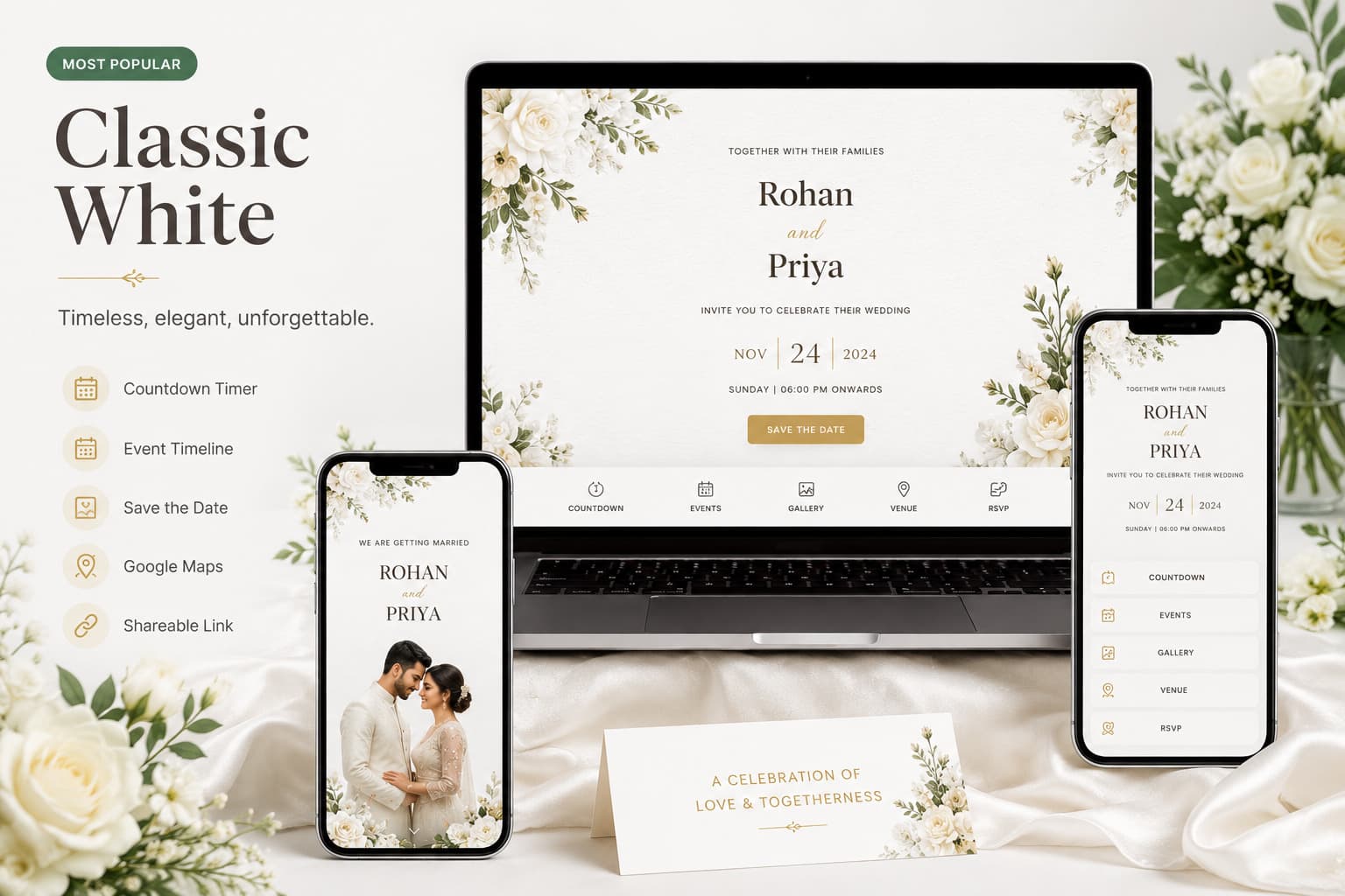 Classic White invitation: Countdown timer, Event timeline, Save the date, Google Maps