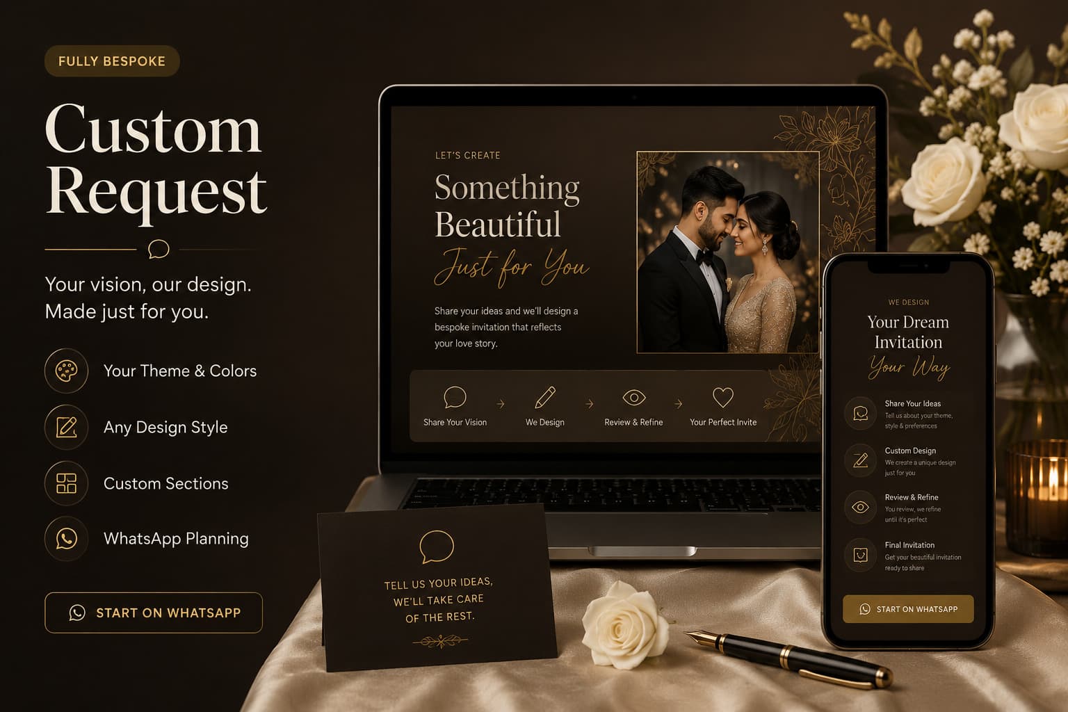 Custom Request invitation: Your theme and colors, Any design style, Custom sections, WhatsApp planning