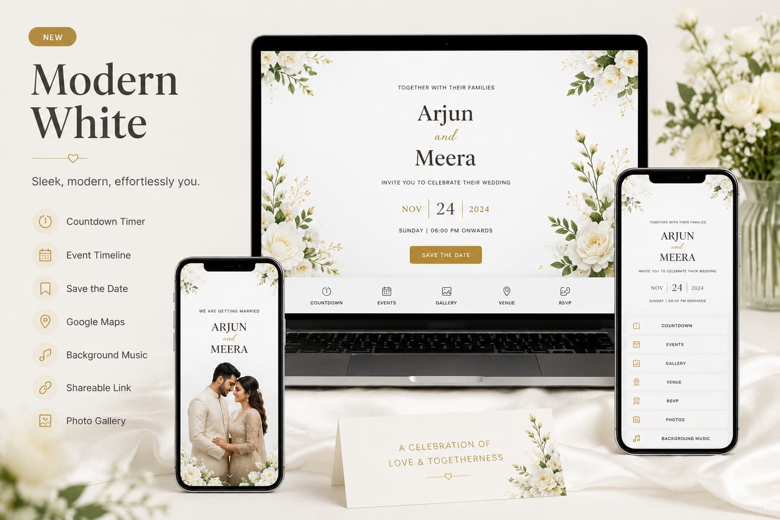 Modern White invitation: Countdown timer, Event timeline, Save the date, Google Maps, Photo gallery, Background music